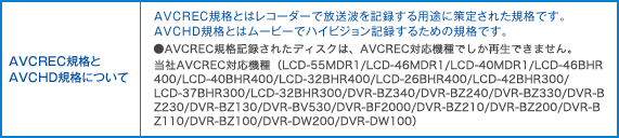 AVCRECKiAVCHDKiɂā@AVCRECKiƂ̓R[_[ŕgL^prɍ肳ꂽKiłB AVCHDKiƂ̓[r[ŃnCrWL^邽߂̋KiłB@`ubqdbKiL^ꂽfBXŃAAVCRECΉ@łĐł܂BЂ`ubqdbΉ@iLCD-55MDR1/LCD-46MDR1/LCD-40MDR1/LCD-46BHR400/LCD-40BHR400/LCD-32BHR400/LCD-26BHR400/LCD-42BHR300/LCD-37BHR300/LCD-32BHR300/DVR-BZ340/DVR-BZ240/DVR-BZ330/DVR-BZ230/DVR-BZ130/DVR-BV530/DVR-BF2000/DVR-BZ210/DVR-BZ200/DVR-BZ110/DVR-BZ100/DVR-DW200/DVR-DW100j