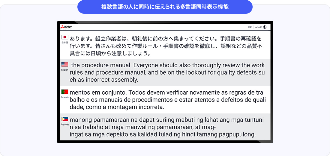 複数言語の人に同時に伝えられる多言語同時表示機能の図