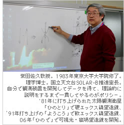 常田佐久教授。1983年東京大学大学院修了。理学博士。国立天文台SOLAR-B推進室長。自分で観測装置を開発してデータを得て、理論的に説明をするまで一貫してやるのがポリシー。'81年に打ち上げられた太陽観測衛星「ひのとり」で硬エックス線望遠鏡、'91年打ち上げの「ようこう」で軟エックス線望遠鏡、06年「ひので」で可視光・磁場望遠鏡を開発。