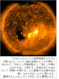 「ひので」の可視光・磁場望遠鏡が撮影した画像。下のリンク先で動画が見られる。常田教授も驚いたこの画像。人類が初めて目にした太陽の姿。太陽表面で黒点の周りから物質（水素とヘリウムのプラズマ）が大量に吹き出している。これがどういう現象なのか、まだわからない。