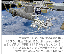 生活空間として、かなり快適度の高い 「きぼう」完成予想図。ISSの進行方向の一番前にあるのでデブリ（宇宙ゴミ）があたったりしないか、ちょっと気になる。デブリ対策のバンパーが つけられてはいるのだが。（提供：JAXA）