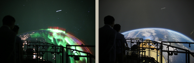 SPACE BALLの映像。宇宙から見た地球の夜景は毛利衛氏が「本物だよね？」と思ったほどリアル。（左）種子島からH-IIBロケットで飛び立ち宇宙へ。現場取材した発射音、管制官のやりとりなど音にもこだわり。（右）