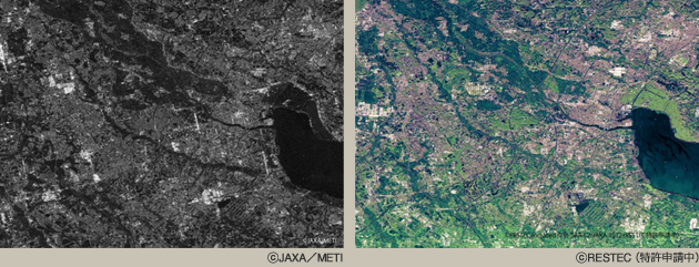 「だいち」が取得したモノクロ画像（左）に緑地は緑色に、水面は青黒く、地面は茶色にと、光学画像の色合いに近づけたのが右の画像。RESTECが世界で初めて開発。地表が判別しやすくなる。（提供：JAXA/METI(左）、RESTEC（右、特許申請中））