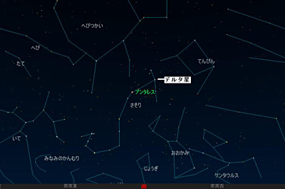 7月末のさそり座デルタ星。（東京、午後8時頃）ステラナビゲータ／アストロアーツで作成しました。