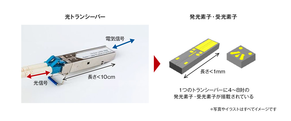 光トランシーバー 発光素子・受光素子 1つのトランシーバーに4～8対の発光素子・受光素子が搭載されている