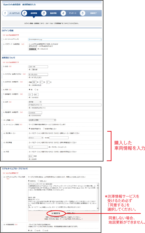 購入した車両情報を入力 ＊渋滞情報サービスを受けるため必ず「同意する」を選択してください。同意しない場合、地図更新ができません。