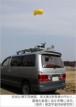 気球は準天頂衛星、走る車は救急車の代わり。画像を衛星に送る実験に成功。（提供：航空宇宙技術研究所）