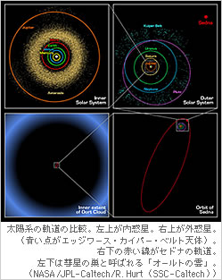 太陽系の軌道の比較。左上が内惑星。右上が外惑星。（青い点がエッジワース・カイパー・ベルト天体）。右下の赤い線がセドナの軌道。左下は彗星の巣と呼ばれる「オールトの雲」。NASA/JPL-Caltech/R. Hurt (SSC-Caltech)