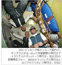 ISSにドッキング前のソユーズ船内で。サングラスがヨーロッパ宇宙機関の飛行士でイタリア人のヴィットーリ飛行士。左はISSの長期滞在クルー、NASAのフィリップス飛行士とロシアのクリカレフ飛行士。（ESA）