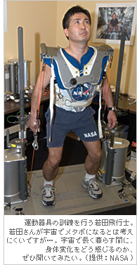 運動器具の訓練を行う若田飛行士。若田さんが宇宙でメタボになるとは考えにくいですが…。宇宙で長く暮らす間に、身体変化をどう感じるのか、ぜひ聞いてみたい。（提供：NASA）