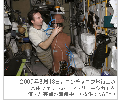 2009年3月18日。ロンチャコフ飛行士が人体ファントム「マトリョーシカ」を使った実験の準備中。（提供：NASA）