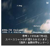 参考：1996年7月4日、
スペースシャトルが捉えられています。(提供：倉敷科学センター）