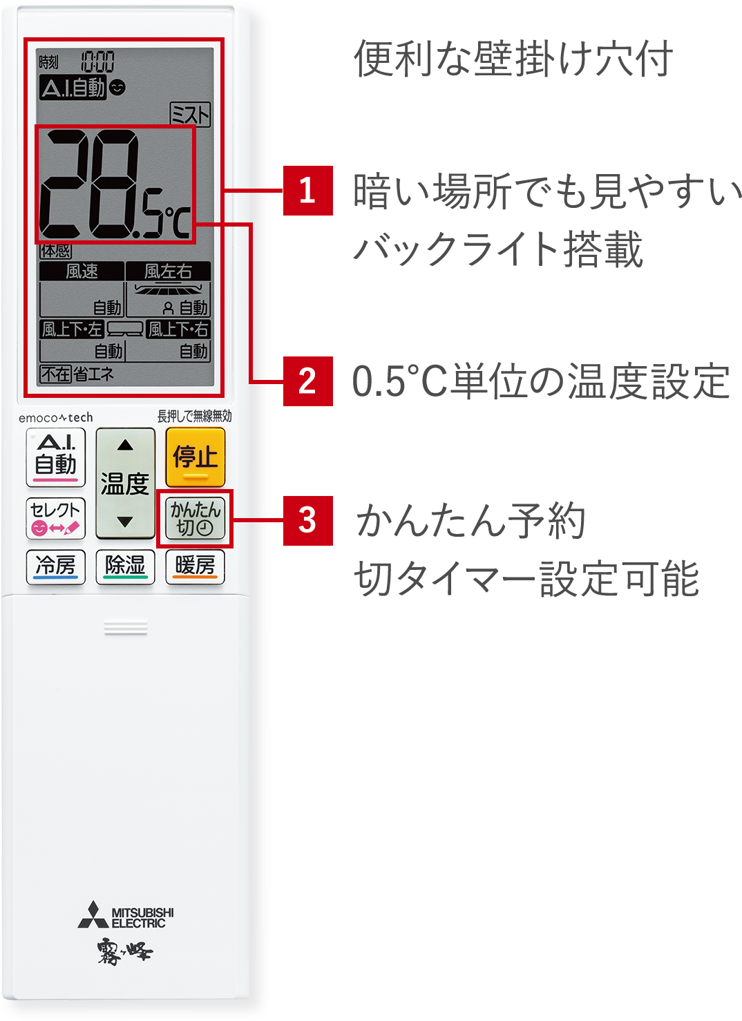 便利な壁掛け穴付 1.暗い場所でも見やすいバックライト搭載、2.0.5℃単位の温度設定、3.かんたん予約 切タイマー設定可能