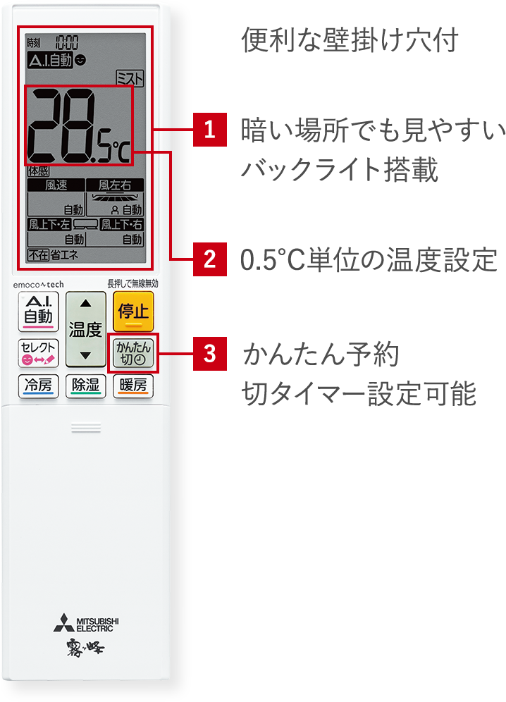 便利な壁掛け穴付 1.暗い場所でも見やすいバックライト搭載、2.0.5℃単位の温度設定、3.かんたん予約 切タイマー設定可能